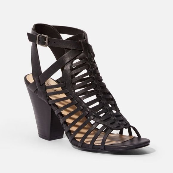 JustFab Shoes | Fashionably Late Black Caged Heels Size 85 Wide | Poshmark